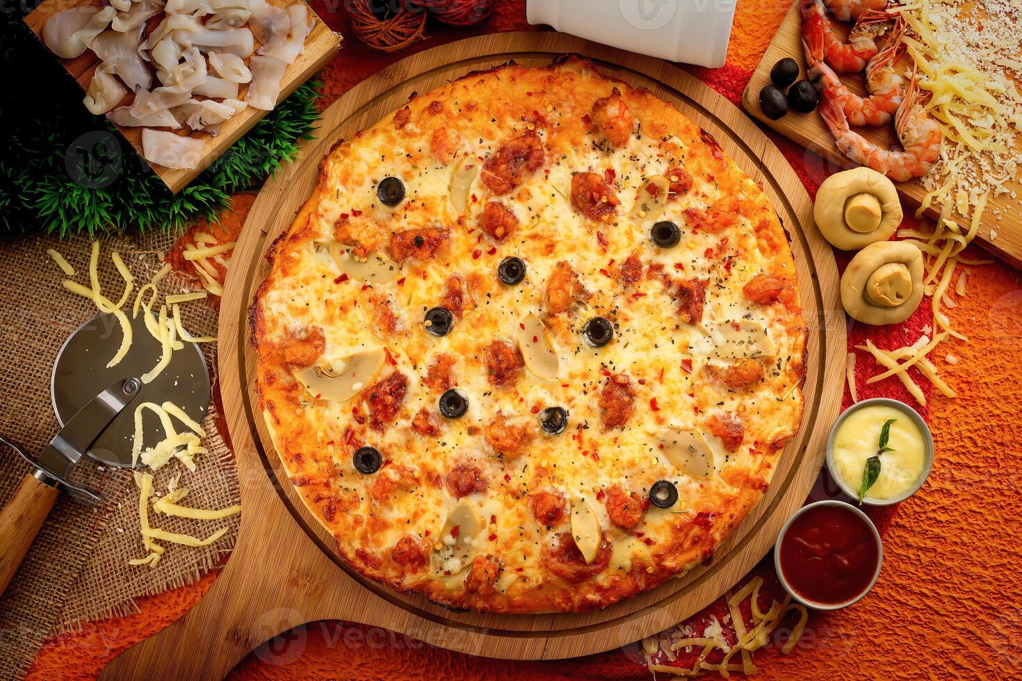 Seafood pizza with tomato sauce and mayo isolated on wooden board top view of italian food on wooden background photo