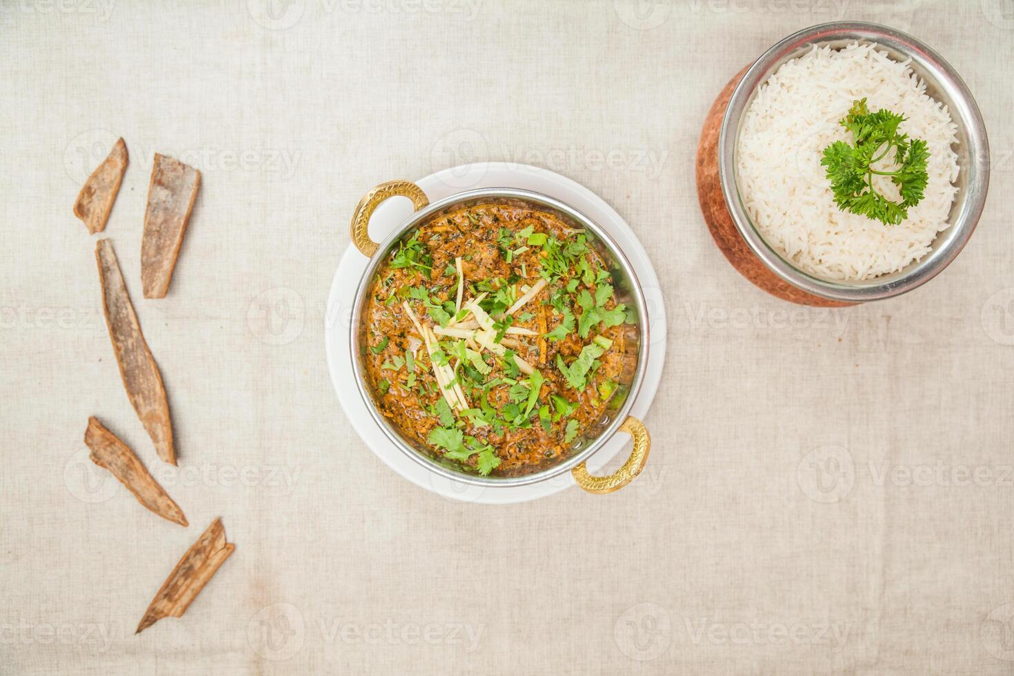 Mutton mint masala plain rice served in a dish isolated on table top view of indian spices food photo