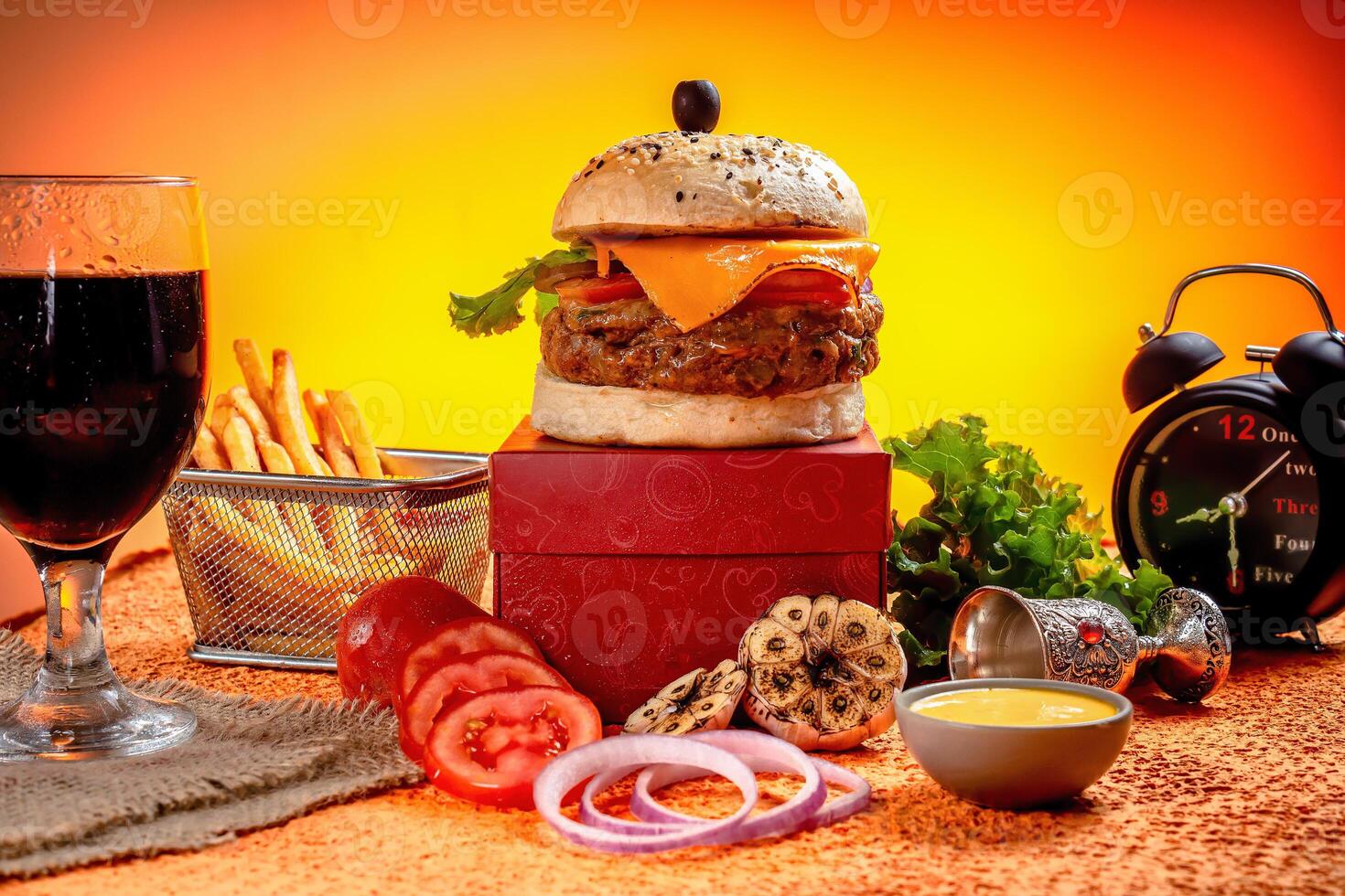 Tongue Twister Beef Naga burger with fries and tomato slice isolated on wooden board side view of american street food photo