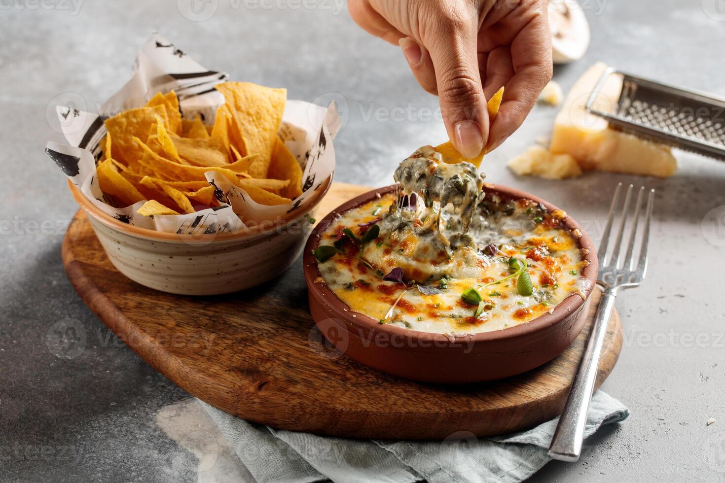 Original Gratin with snacks served in dish isolated on table top view of arabic breakfast photo