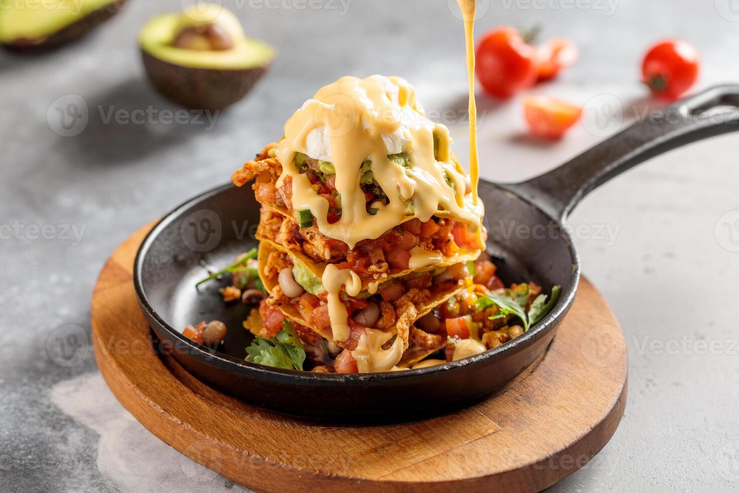 Cheesy tower sandwich served in dish isolated on table top view of arabic breakfast photo