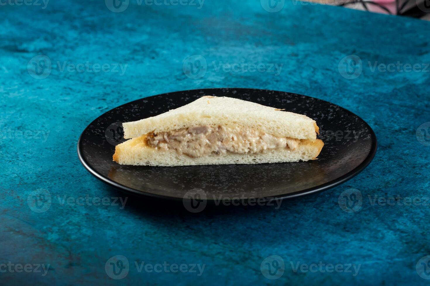 Fresh club sandwich filled with chicken and mayo dip isolated on table top view of indian food photo