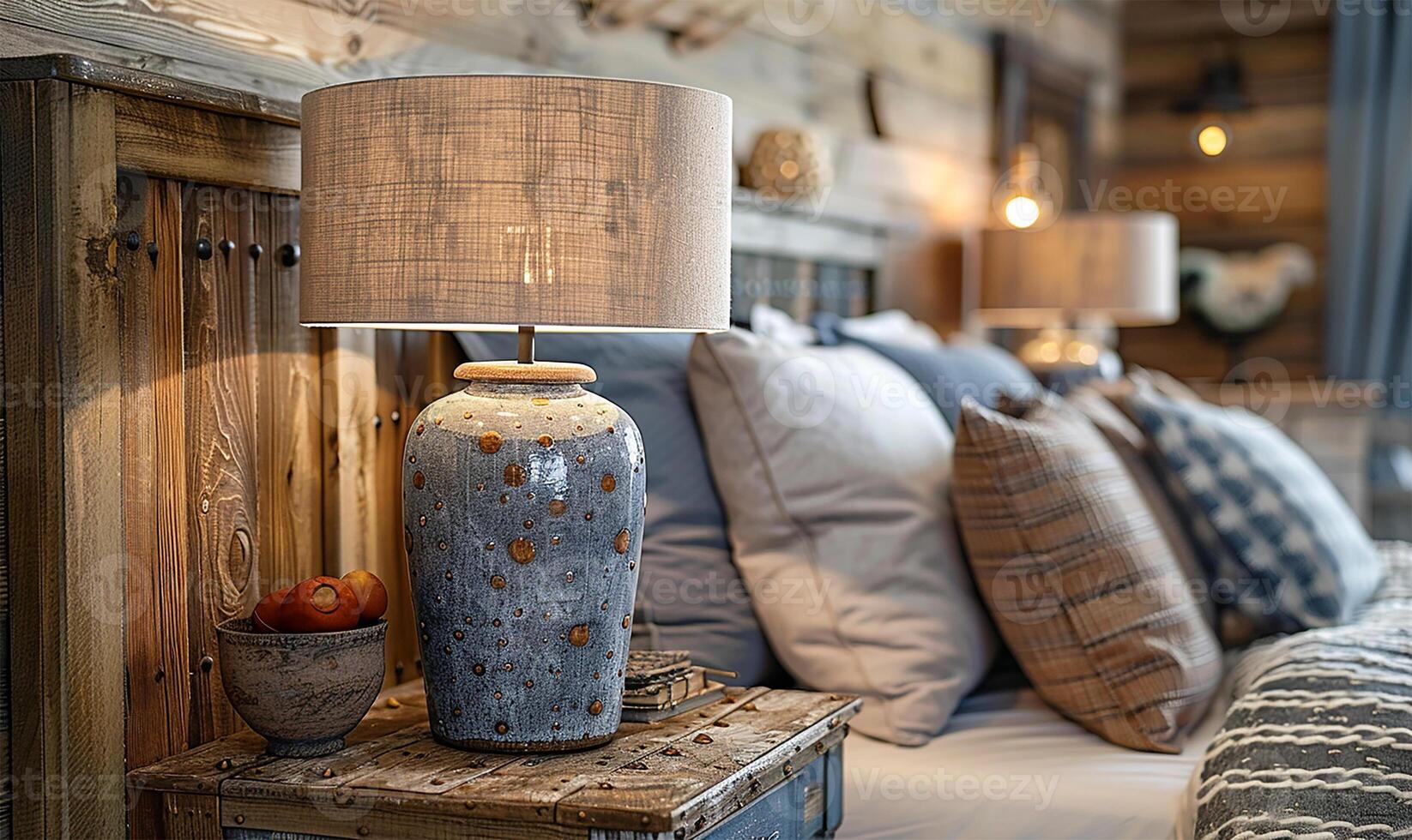 AI generated A quaint lamp on a bedside table beside a wooden headboard bed. photo