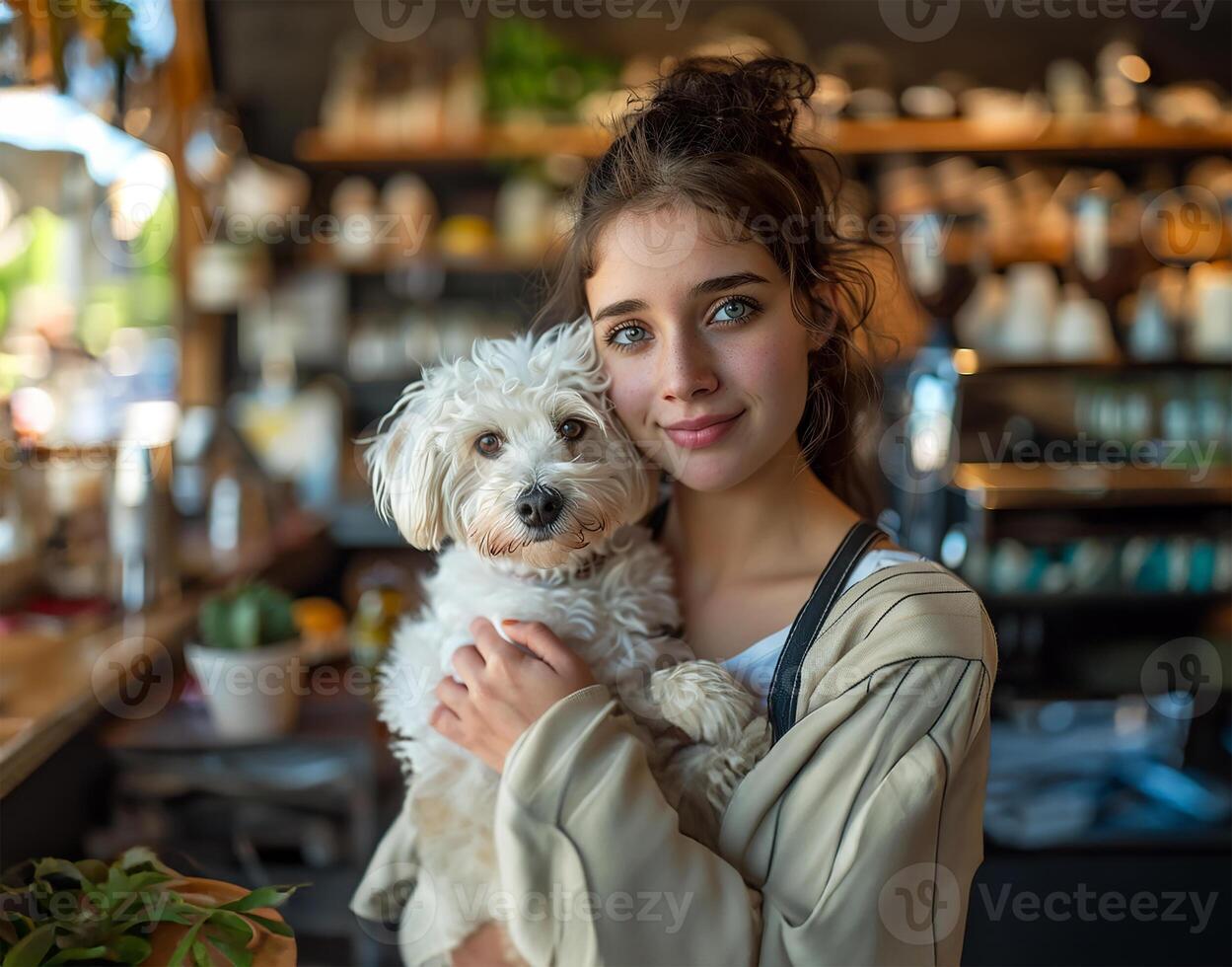 AI generated Cafe scene, woman holding her white dog photo