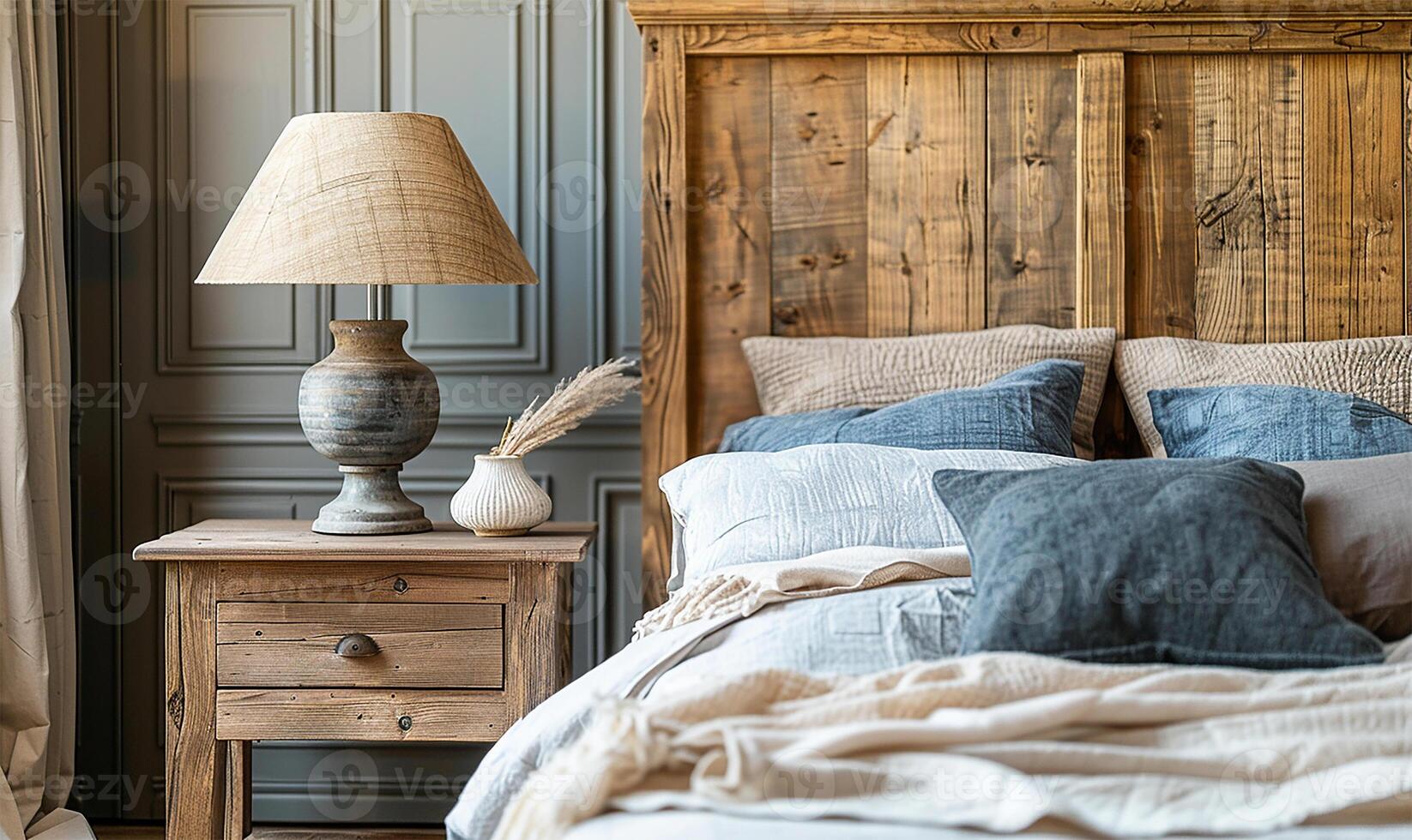 AI generated A quaint lamp on a bedside table beside a wooden headboard bed. photo
