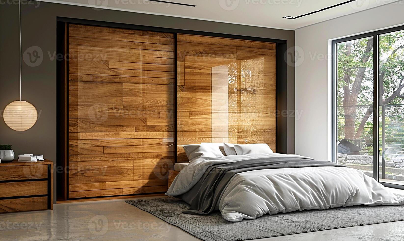 AI generated Minimalist modern bedroom showcasing a sleek wooden wardrobe with sliding doors. photo