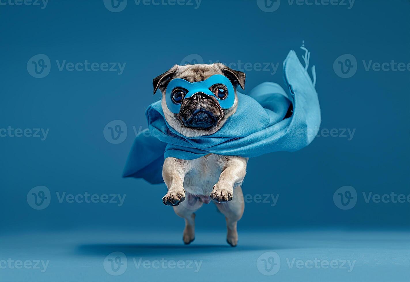 AI generated Superhero pug in blue flying photo