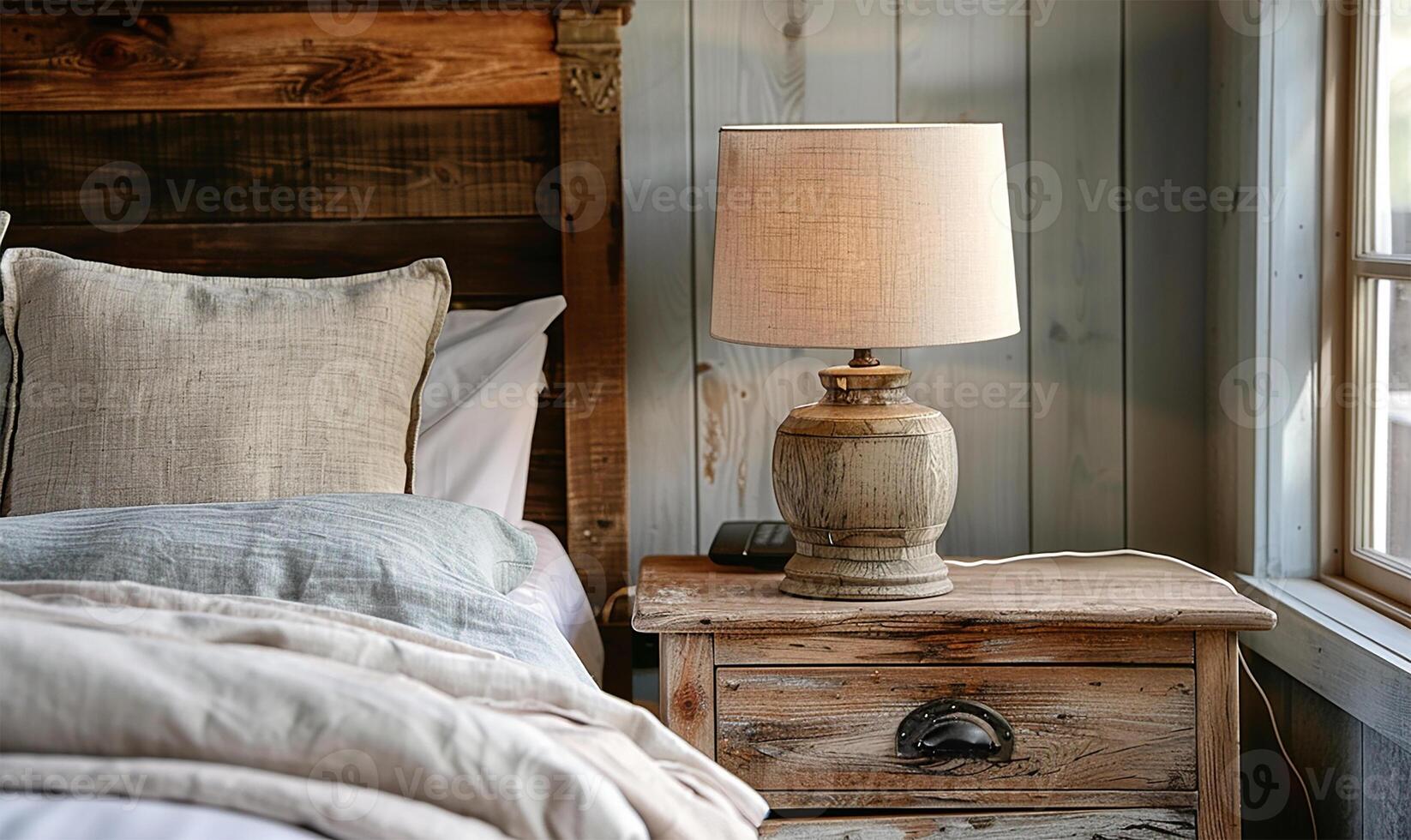 AI generated A quaint lamp on a bedside table beside a wooden headboard bed. photo