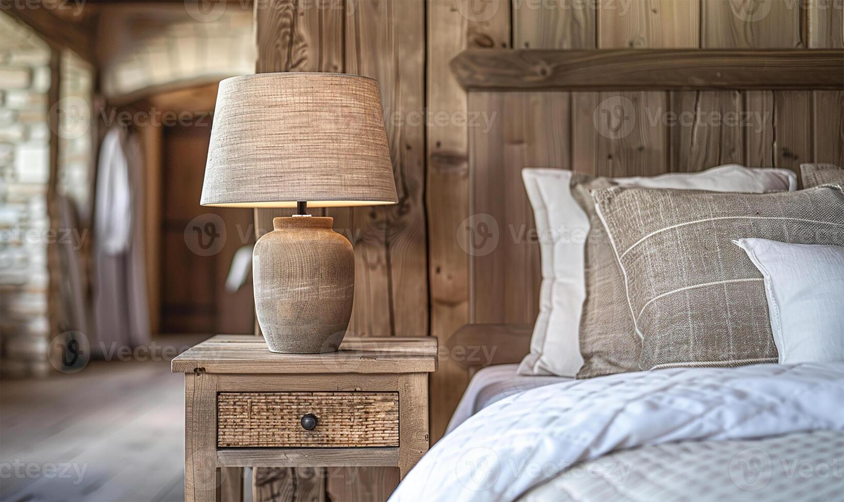 AI generated A quaint lamp on a bedside table beside a wooden headboard bed. photo