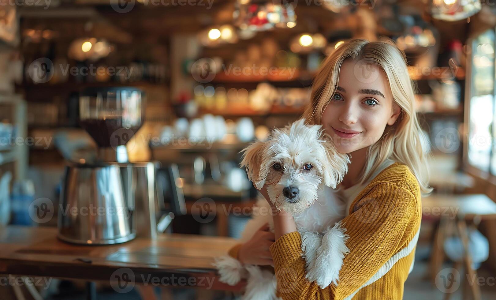 AI generated Cafe scene, woman holding her white dog photo