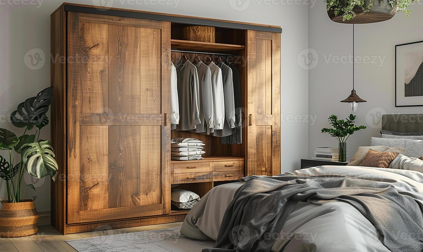 AI generated Minimalist modern bedroom showcasing a sleek wooden wardrobe with sliding doors. photo