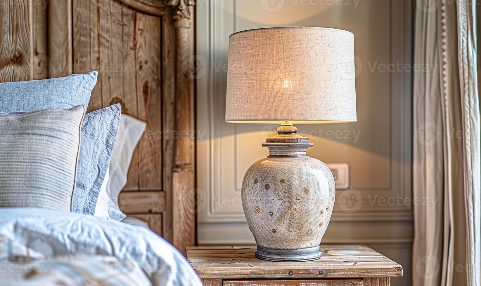 AI generated A quaint lamp on a bedside table beside a wooden headboard bed. photo