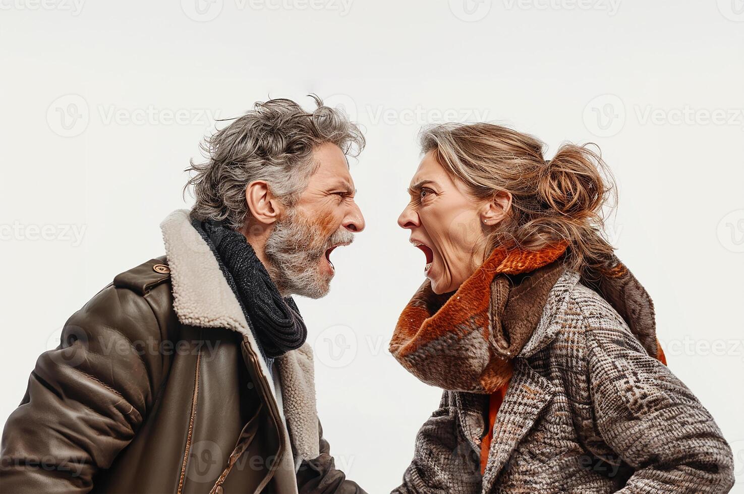 ai generado de edad mediana Pareja discutiendo fuerte, conjunto en contra un rígido blanco fondo foto