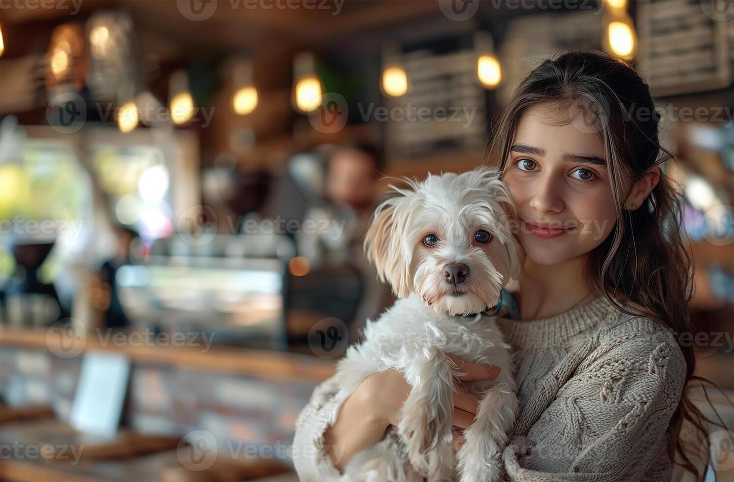 AI generated Cafe scene, woman holding her white dog photo