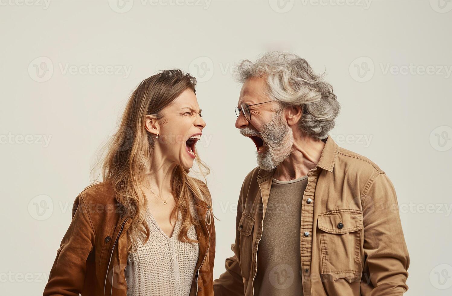 AI generated Middle-aged couple arguing loudly, set against a stark white backdrop photo