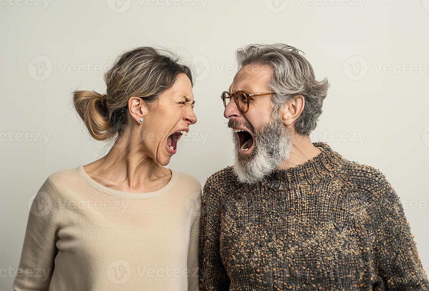AI generated Middle-aged couple arguing loudly, set against a stark white backdrop photo