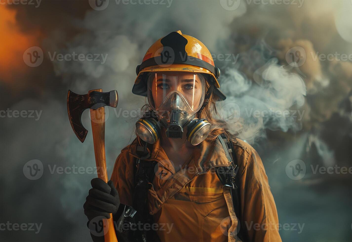 AI generated Female firefighter, axe in hand, smoke-filled room photo