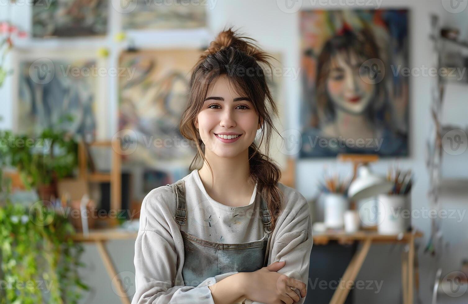 AI generated Woman artist, content in studio work photo