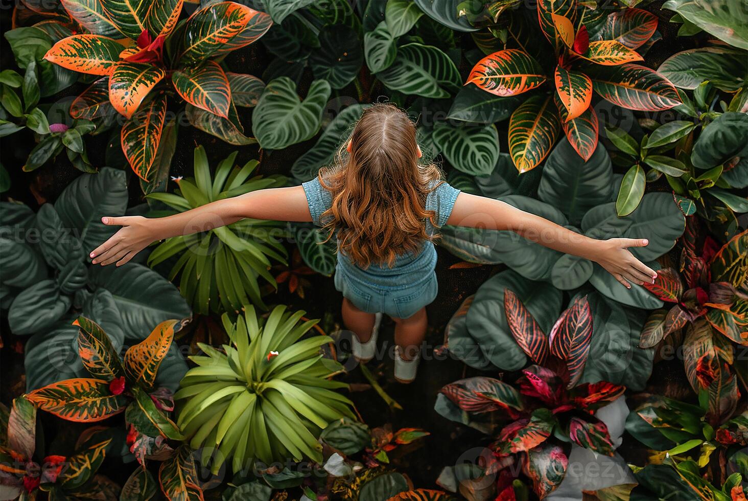 ai generado niña con brazos ancho, rodeado por plantas foto