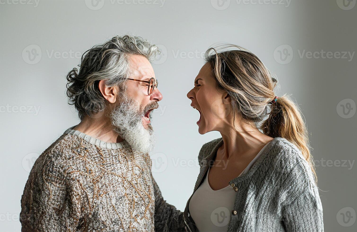 AI generated Middle-aged couple arguing loudly, set against a stark white backdrop photo