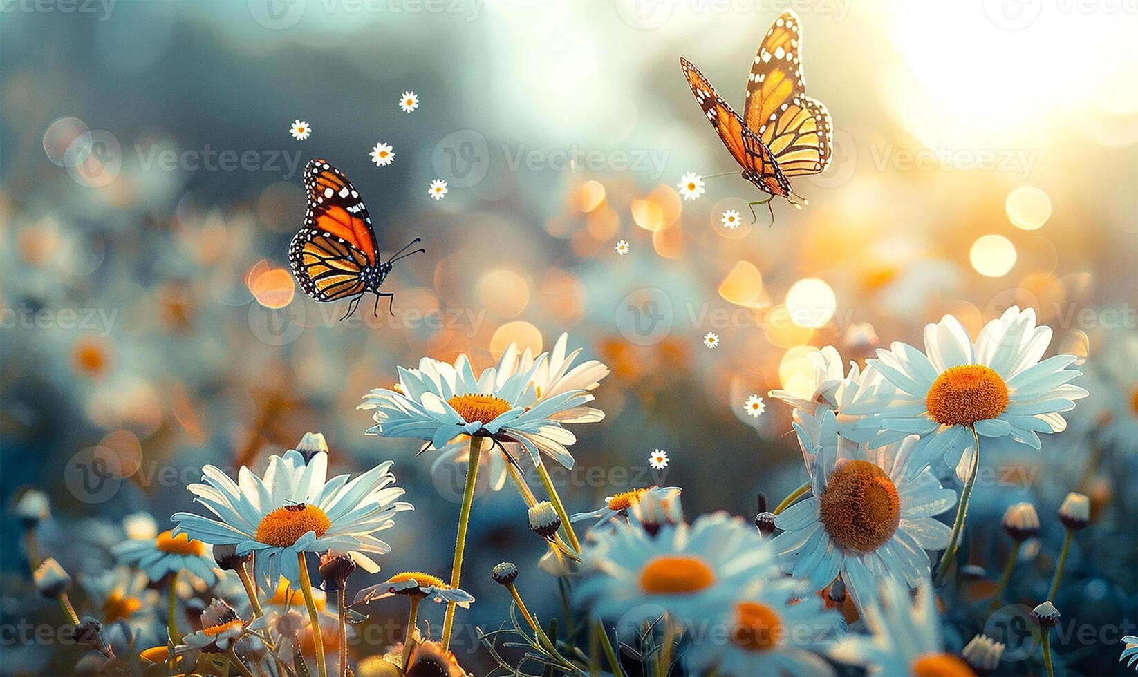 AI generated Nature's panorama, sunlit daisies and butterflies photo