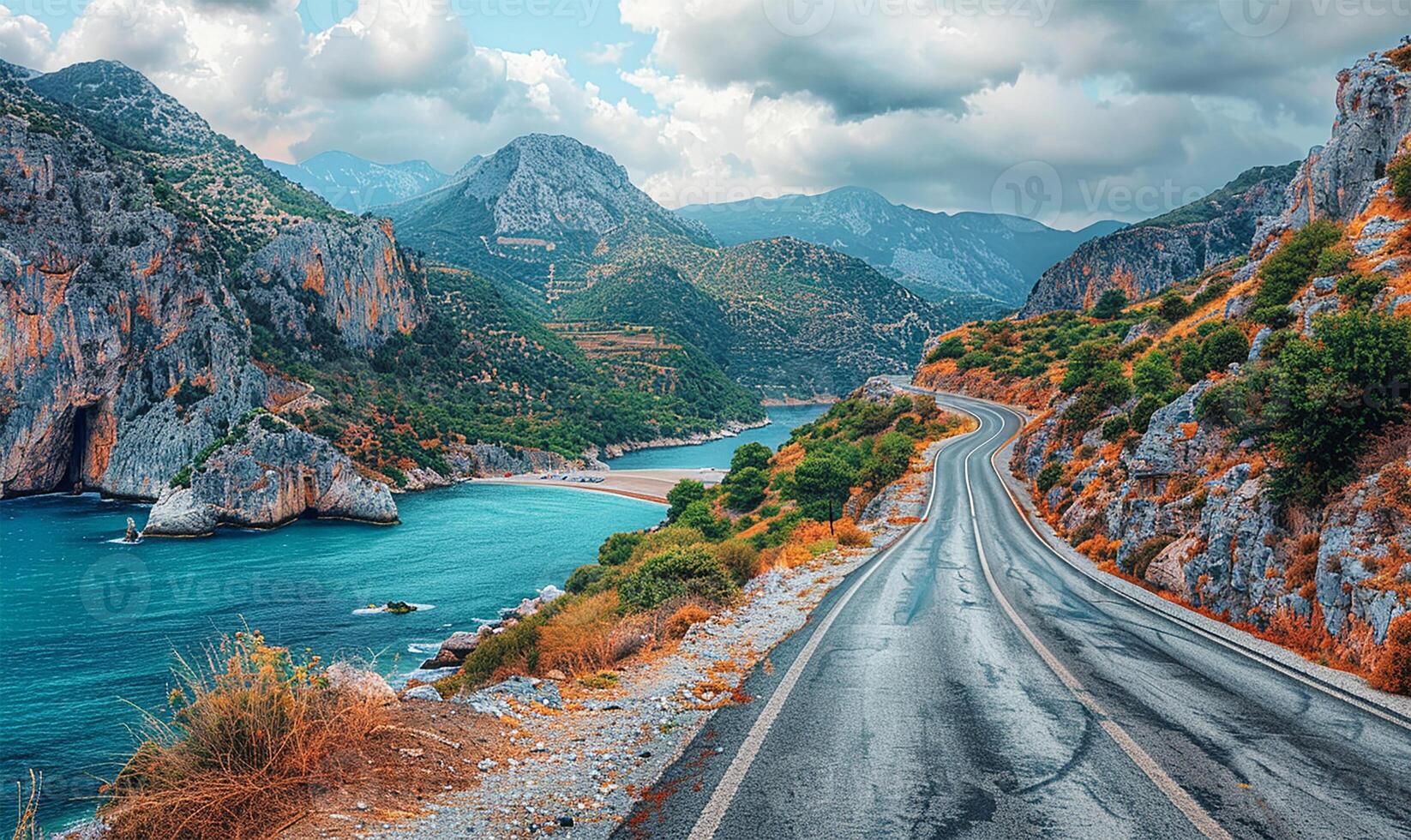 AI generated Colorful road through mountains by the sea photo