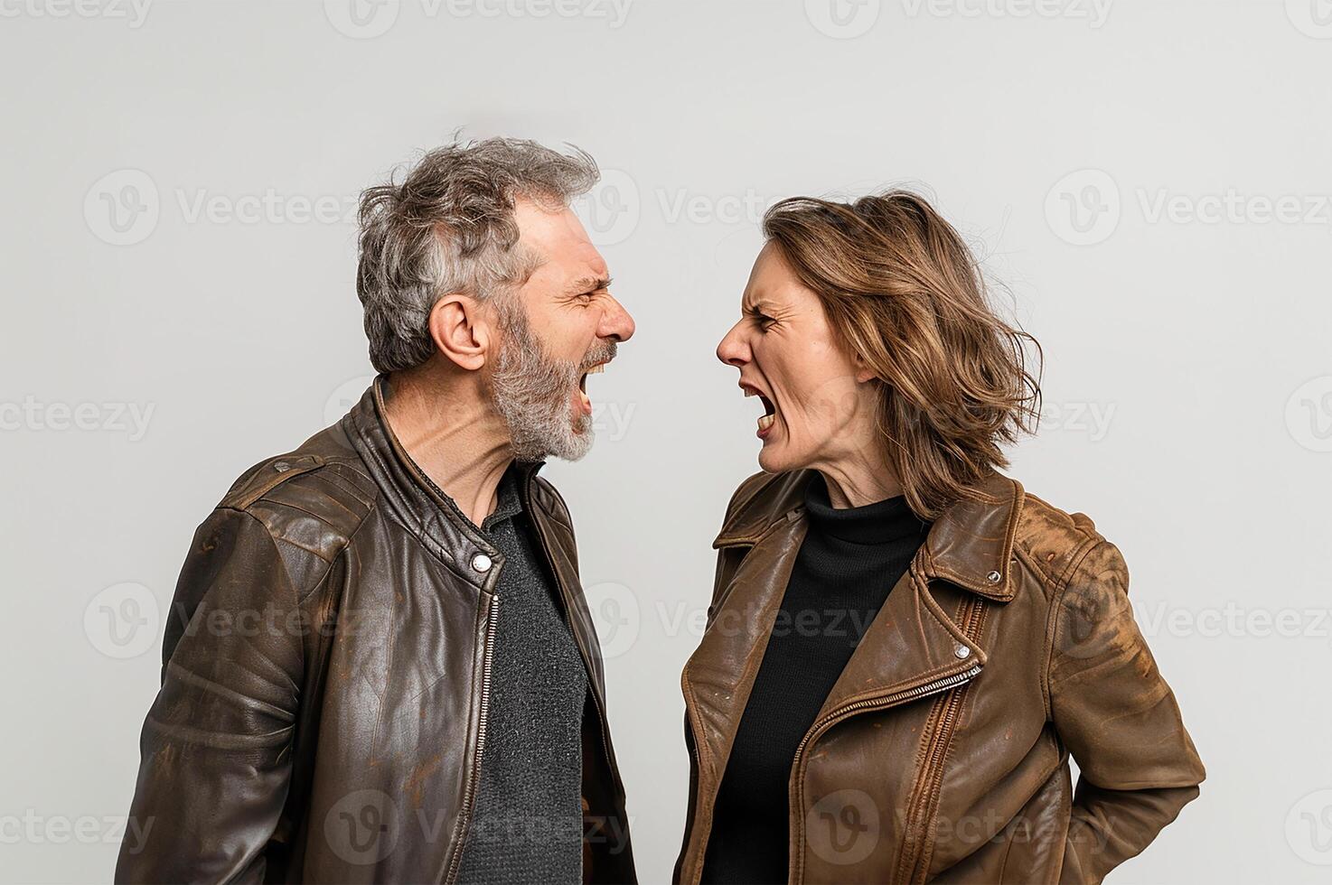 AI generated Middle-aged couple arguing loudly, set against a stark white backdrop photo