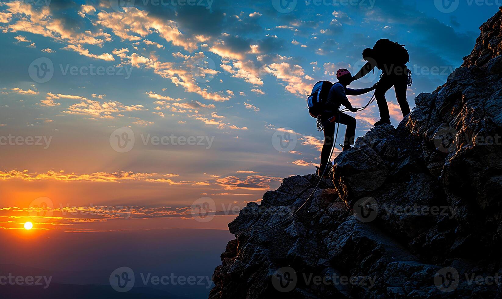 AI generated Helping hand, mountain climbing silhouette duo photo