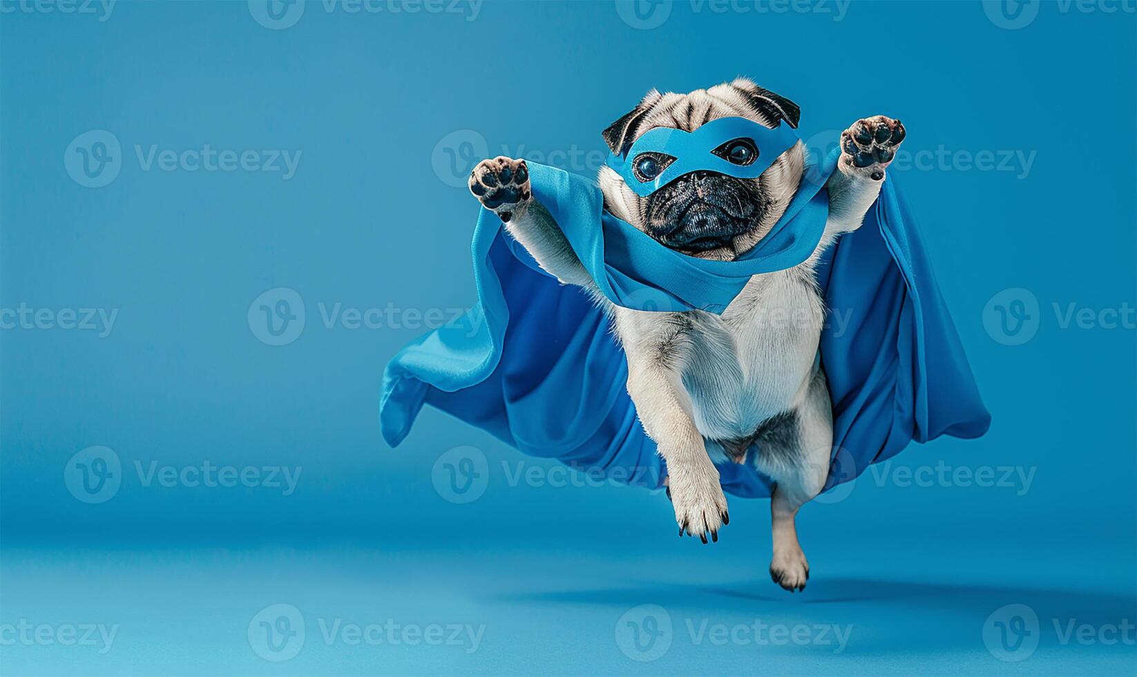 AI generated Superhero pug in blue flying photo