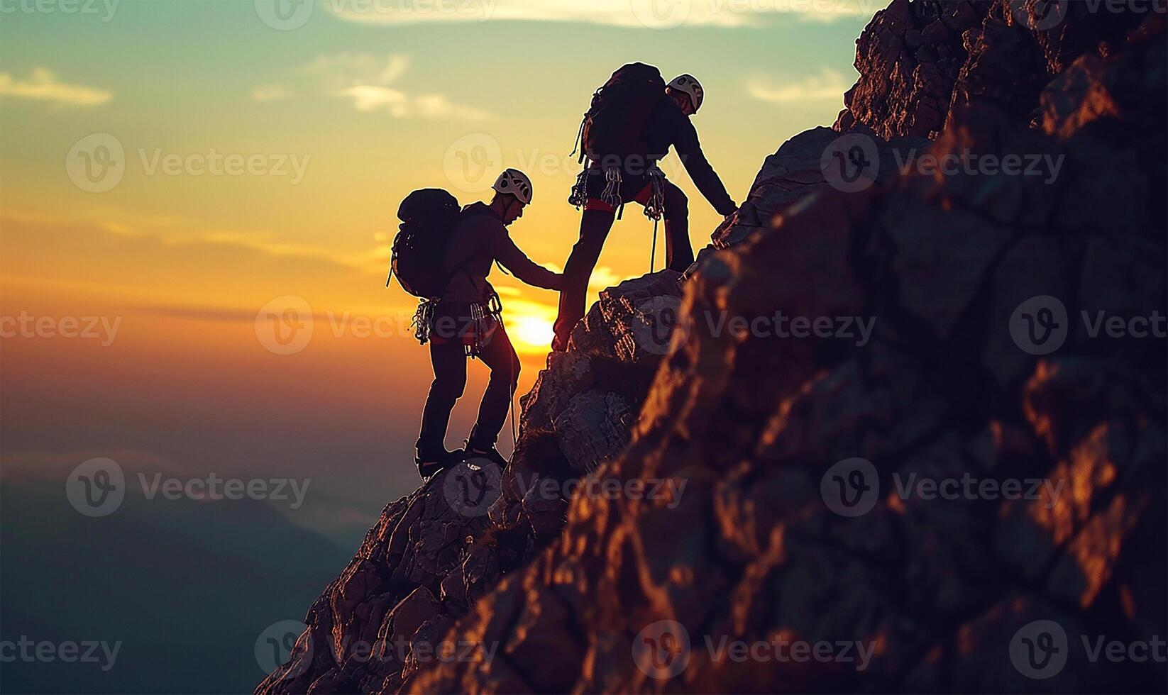 AI generated Helping hand, mountain climbing silhouette duo photo