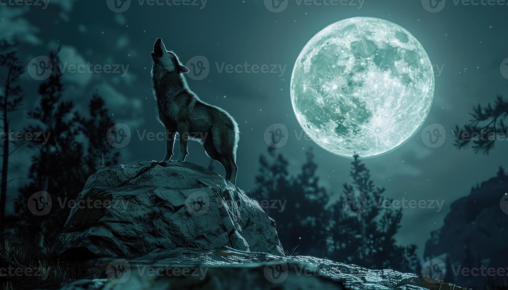 AI generated Majestic wolf howling at the moon photo
