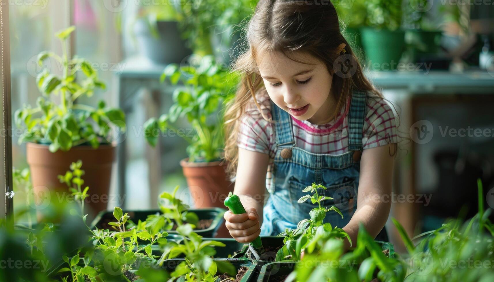 AI generated Young girl enjoying gardening indoors photo