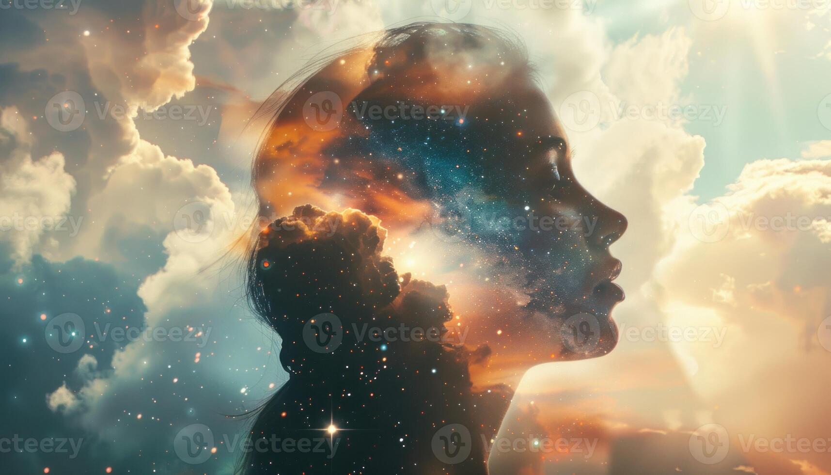 AI generated Cosmic dreamscape - double exposure portrait photo