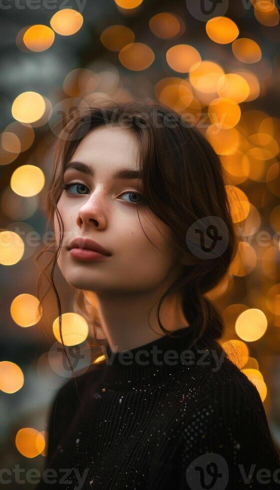 ai generado encantador retrato de joven mujer con dorado bokeh foto