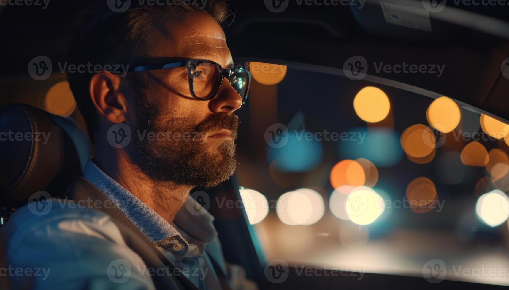 AI generated Confident businessman driving at night photo