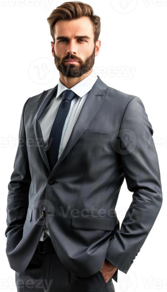 AI generated Professional young man posing in a sharp suit against a white background photo