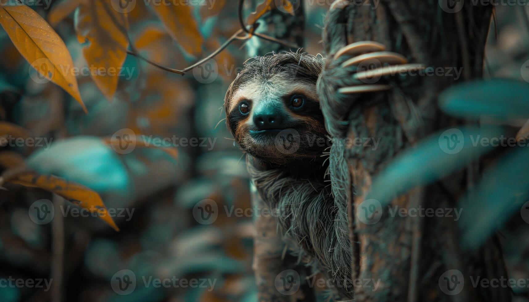 AI generated Curious sloth peekaboo in the jungle photo