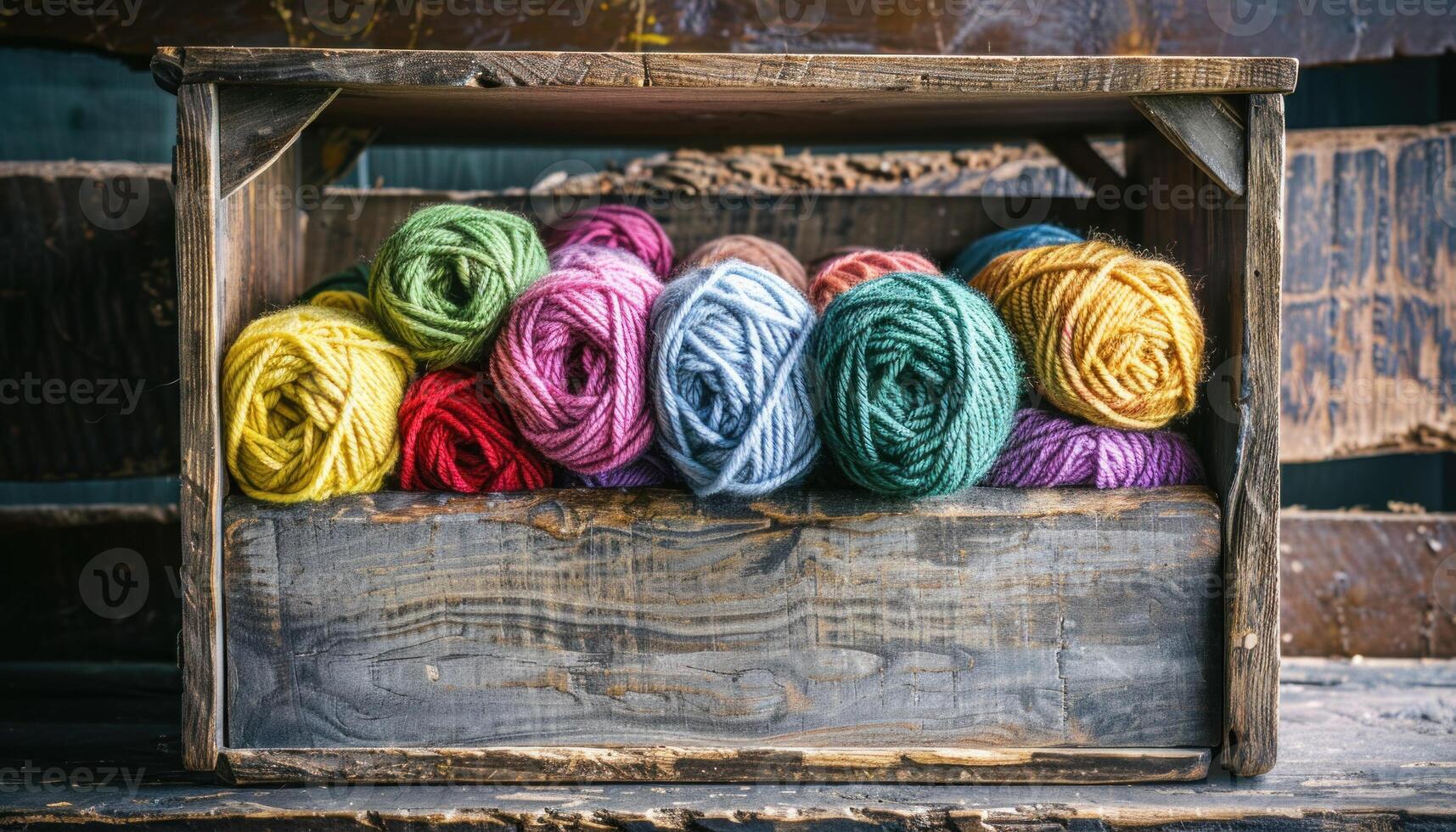 AI generated Colorful yarn balls in rustic wooden crate photo
