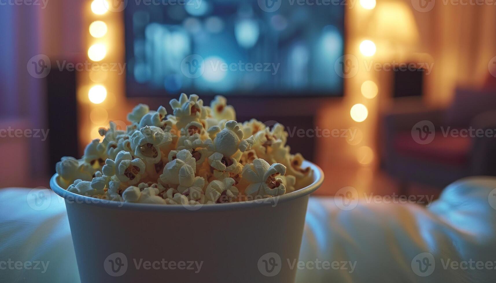 AI generated Cozy movie night with popcorn bowl photo