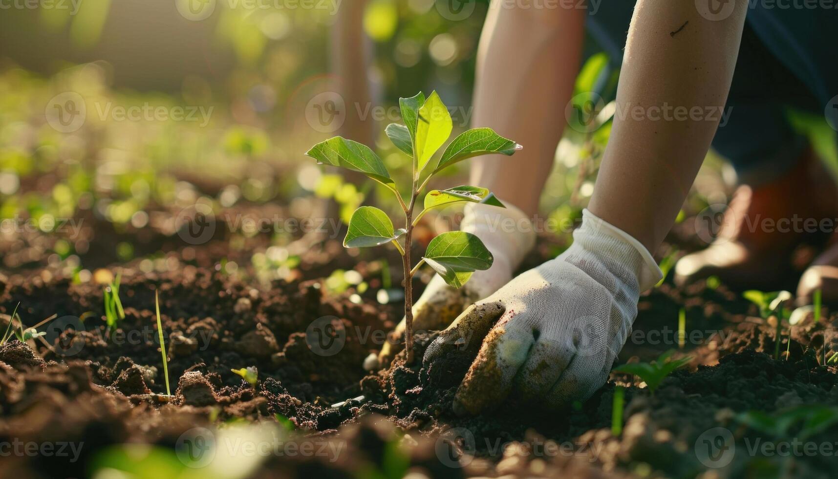 AI generated Planting young tree in garden soil at sunset photo