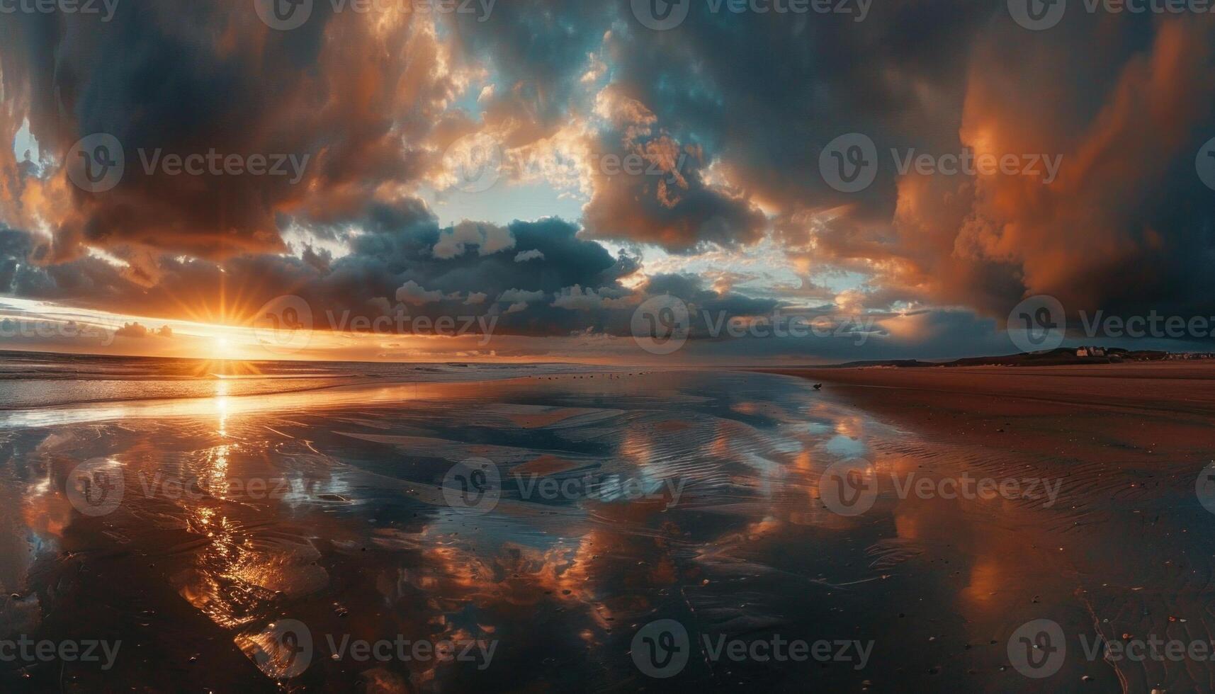 AI generated Dramatic sunset on the beach with cloudy sky photo
