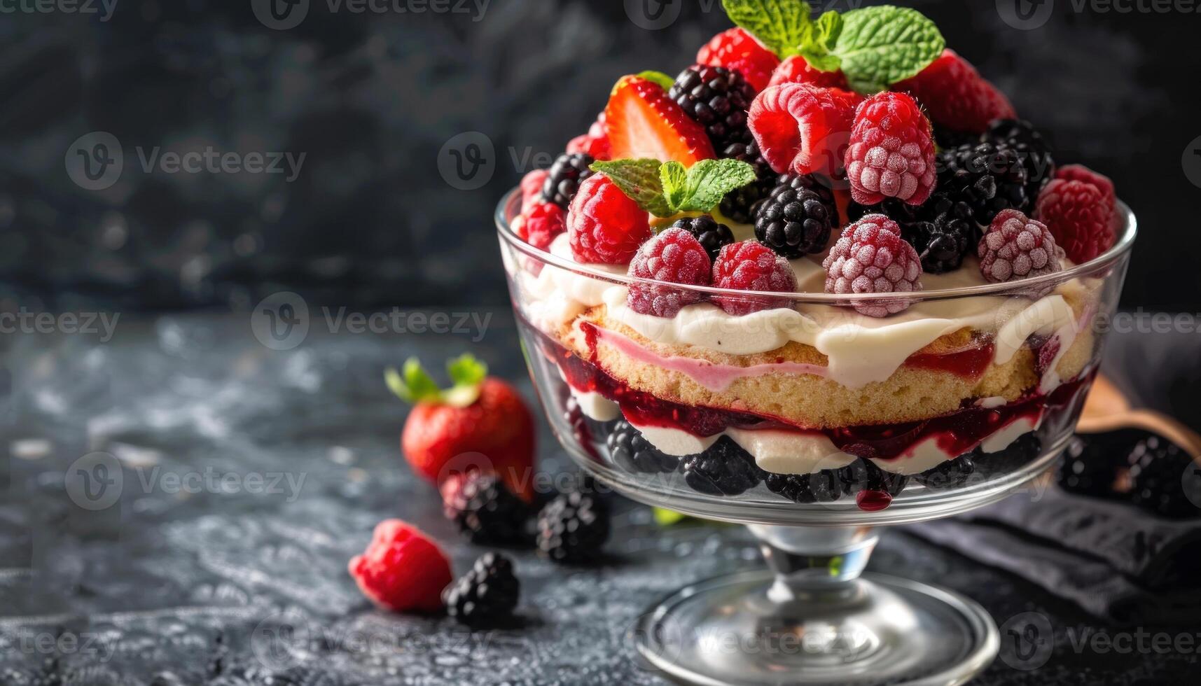 AI generated Fresh berry trifle in glass bowl photo