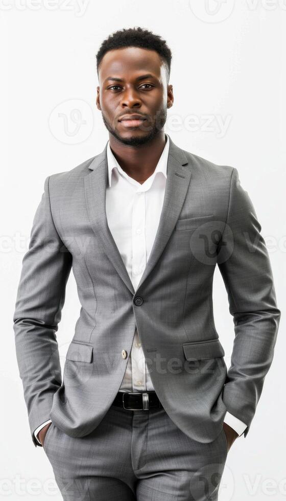 AI generated Professional young african american businessman standing confidently isolated on a white background photo