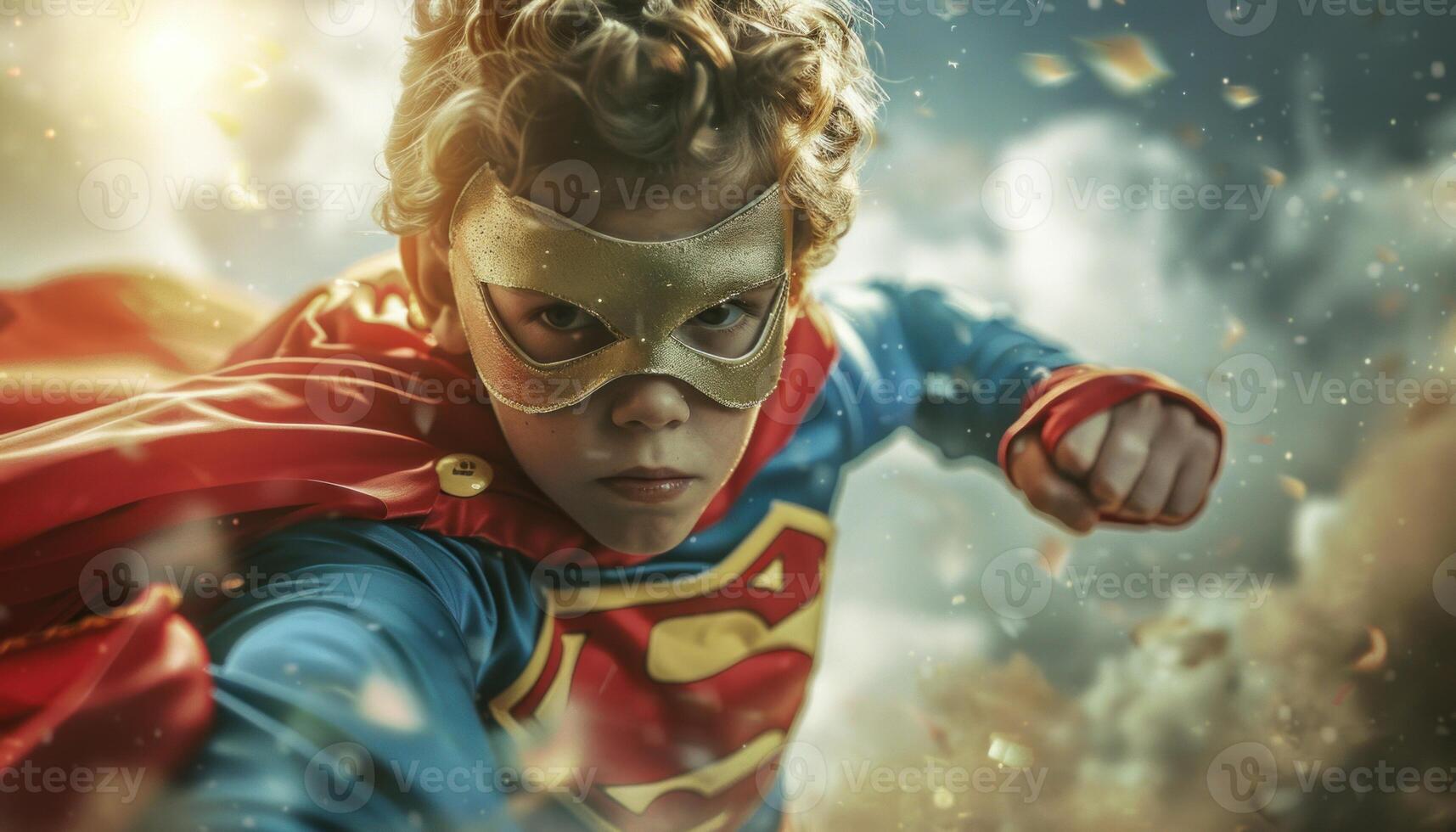 AI generated Young superhero boy imagining flight photo