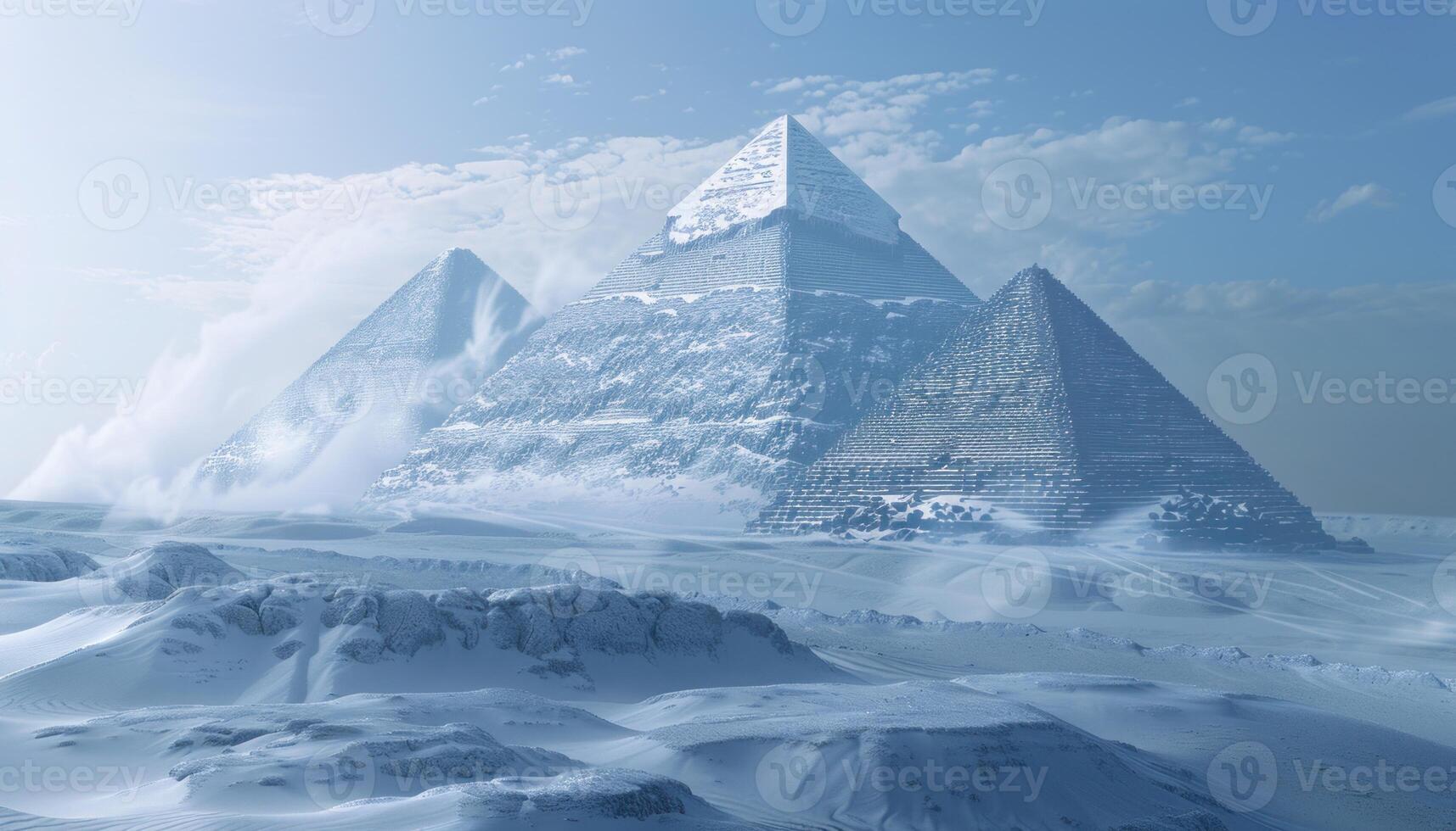 AI generated Majestic snow-covered pyramids in a wintry desert landscape photo