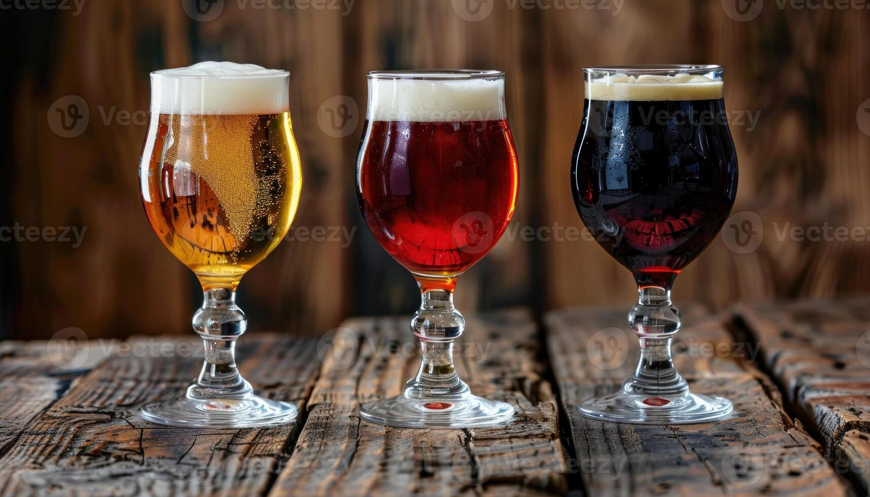 AI generated Trio of craft beers on rustic wooden table photo