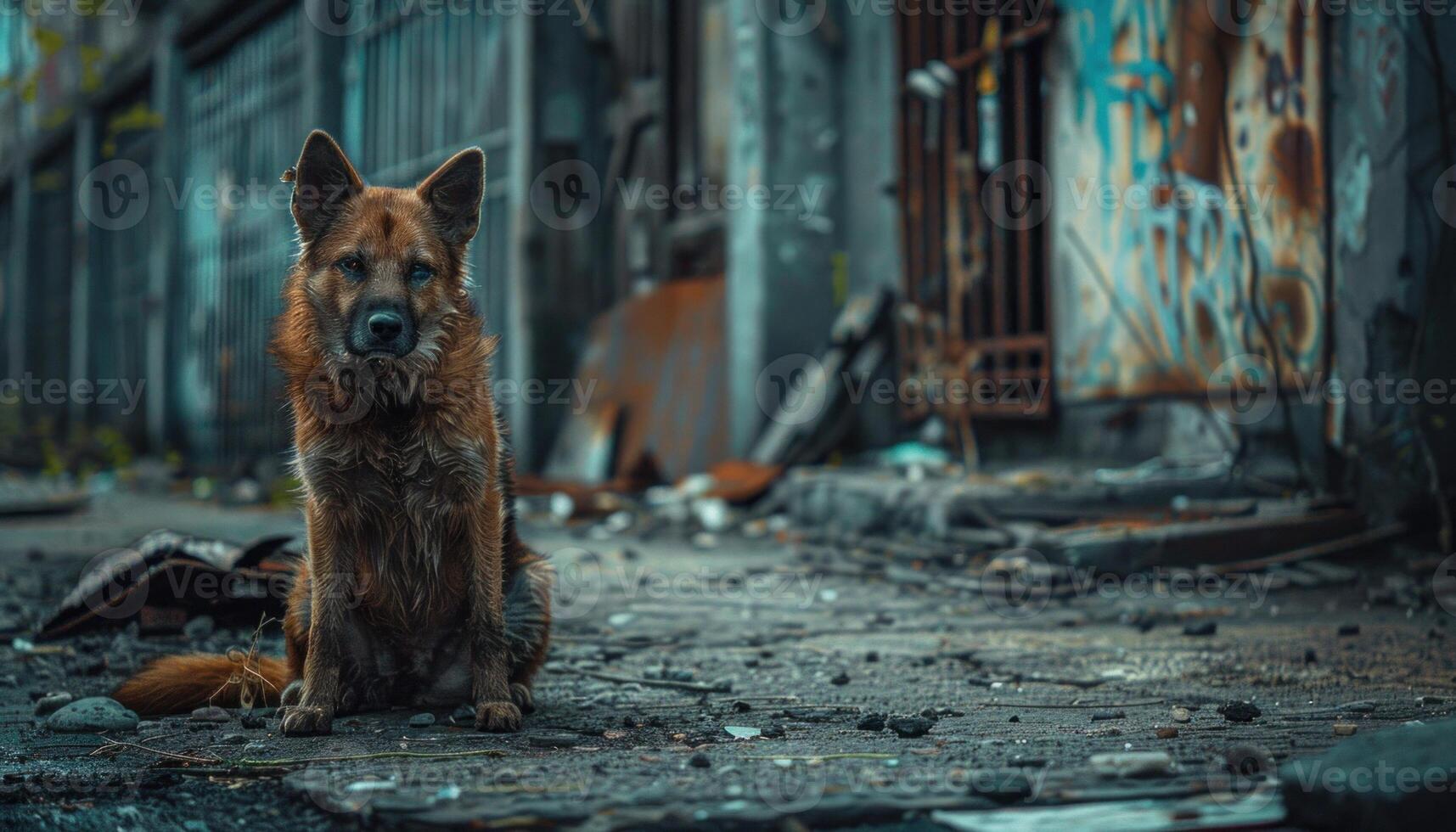 AI generated Desolate german shepherd a stray dog left alone in the urban wilderness photo