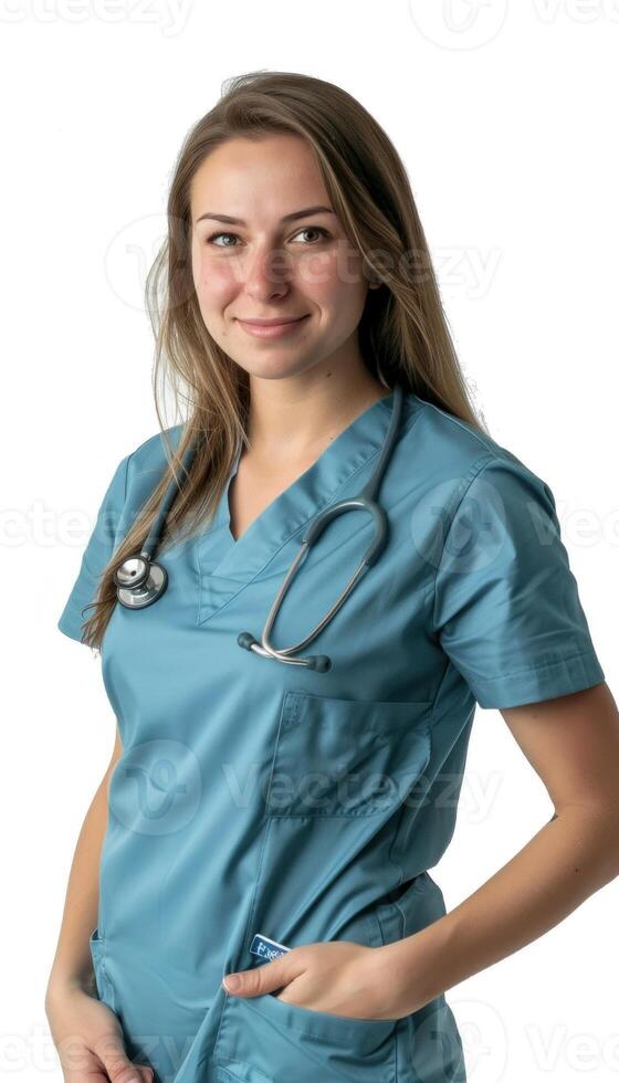 AI generated Smiling young woman in scrubs with a stethoscope on a white background photo