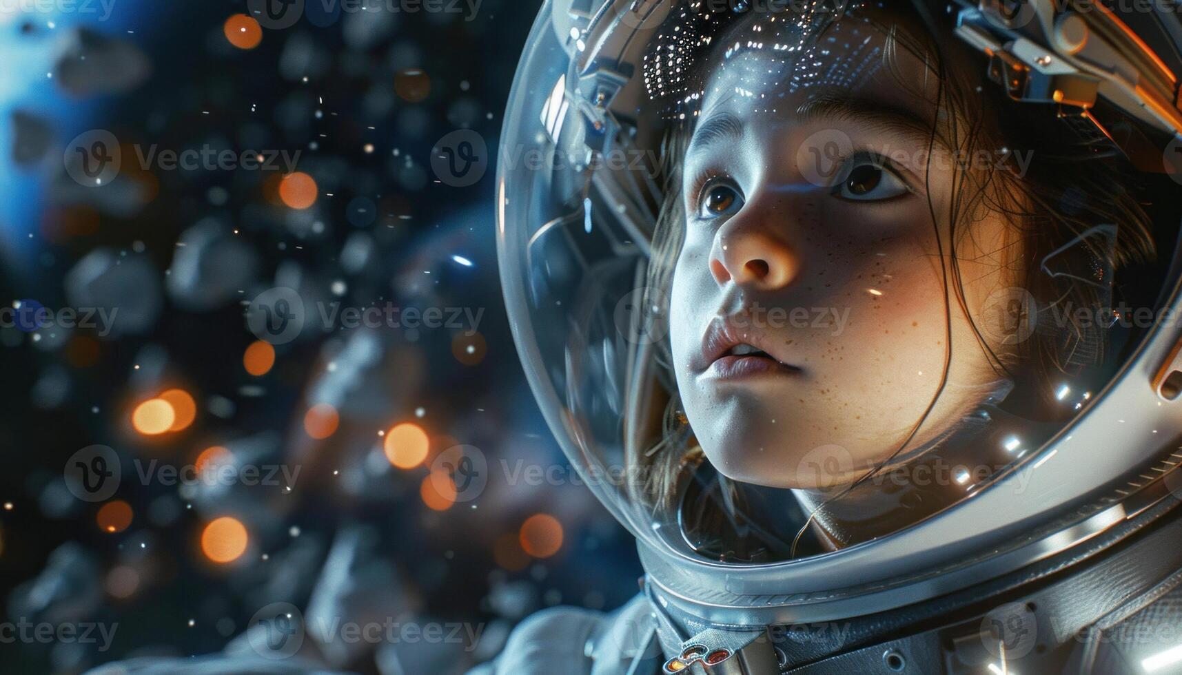 AI generated Young astronaut in space helmet gazing with awe photo
