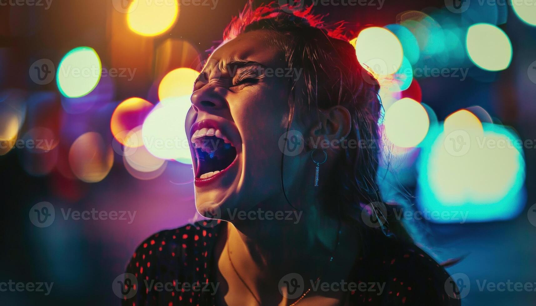 AI generated Terrified woman screaming in the dark city night photo